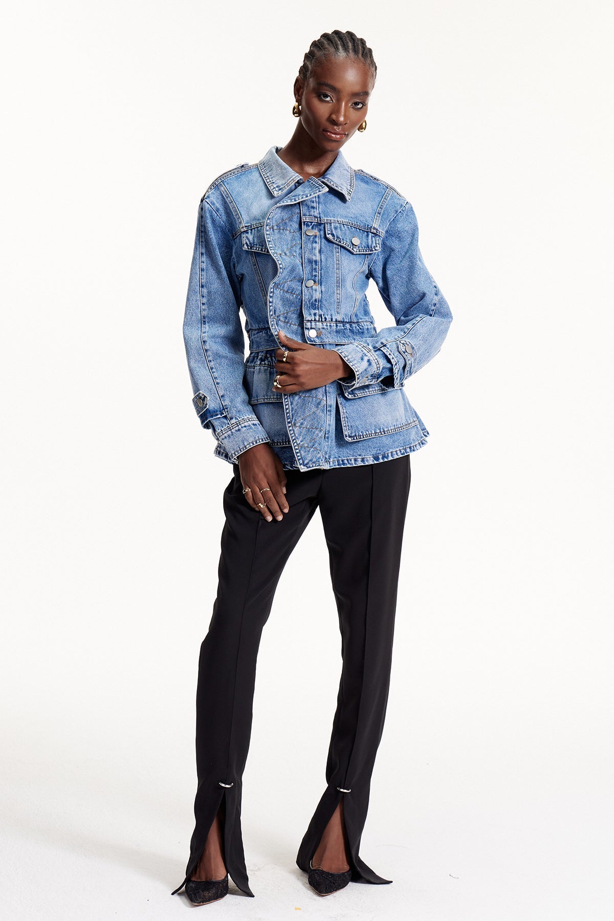 Deniz Asimetrik Fırfır Detaylı Denim Ceket