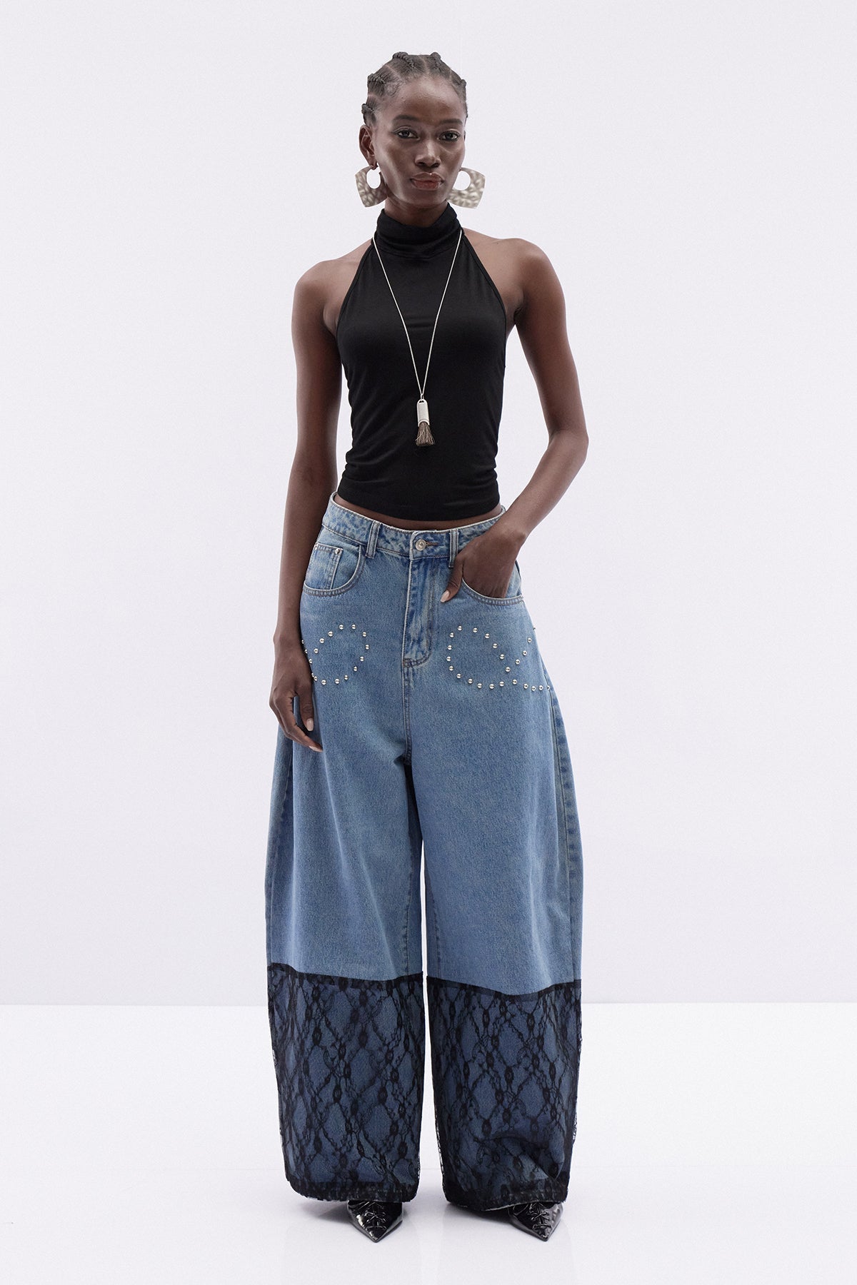 Kathleen İnci Dantel Detaylı Baggy Jean Pantolon