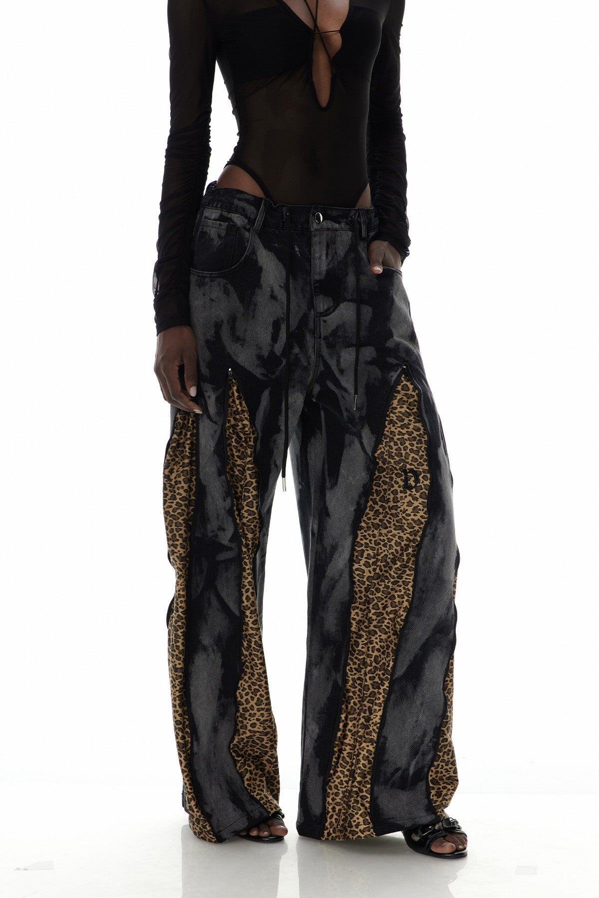 Caprina Leopar Desenli Fermuar Detaylı Sarı Jean Pantolon