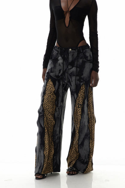 Caprina Leopar Desenli Fermuar Detaylı Sarı Jean Pantolon
