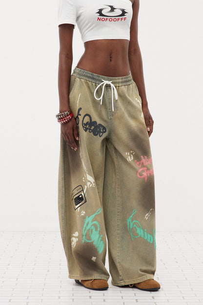 Fatih Graffiti Desenli Baggy Jean Pantolon
