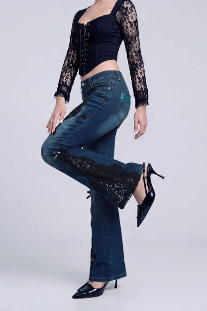 Kennedy Dantel ve Dekonstrüksiyon Detaylı Bootcut Jean Pantolon