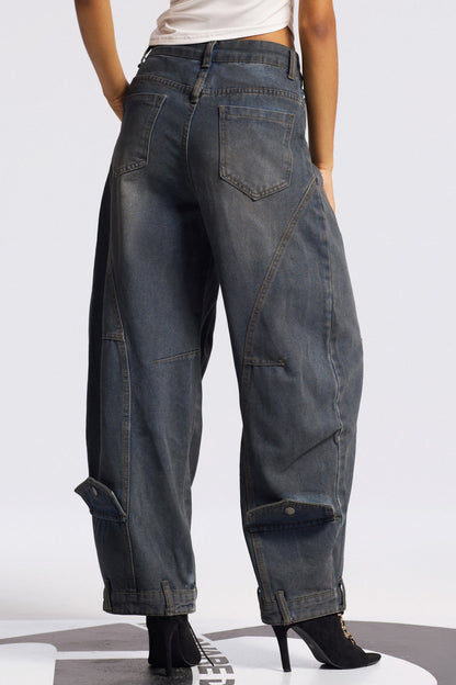 Bilal Desenli Asimetrik Baggy Jean Pantolon