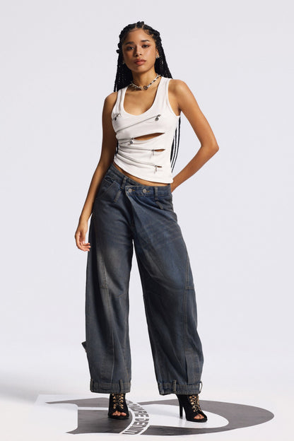 Bilal Desenli Asimetrik Baggy Jean Pantolon