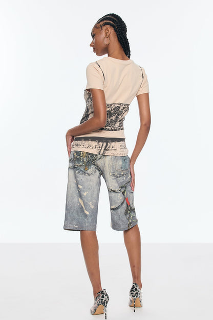 Birdie Kuş Baskılı Midi Jean Pantolon