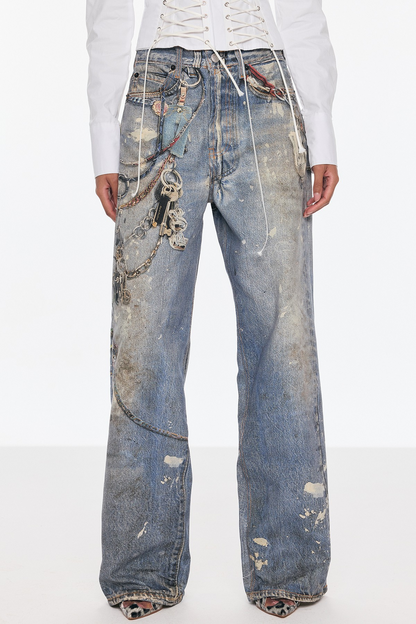 Birdie Baskılı Barrel Jean Pantolon