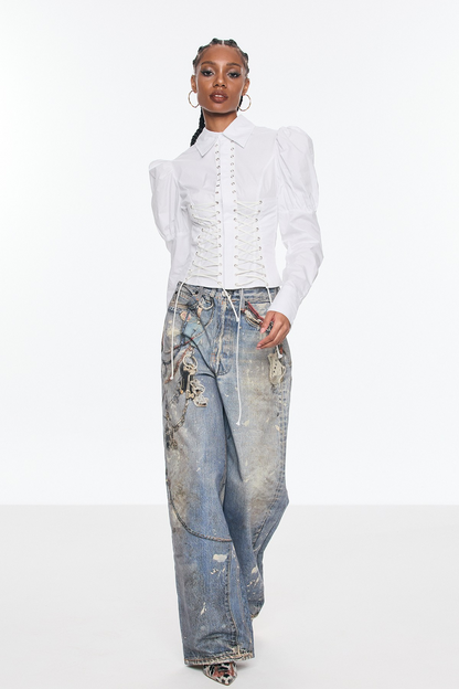 Birdie Baskılı Barrel Jean Pantolon
