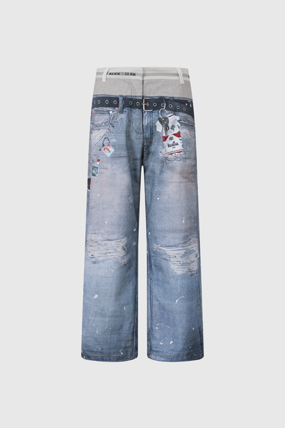 Birdie Dekonstrüksiyon Baskılı Barrel Jean Pantolon