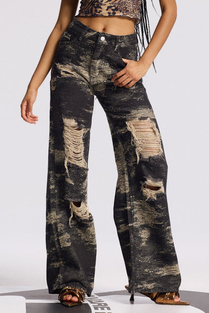 Bistra Tie Dye Yırtık Detaylı Düz Kesim Jean Pantolon