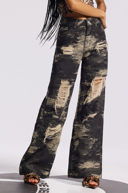 Bistra Tie Dye Yırtık Detaylı Düz Kesim Jean Pantolon