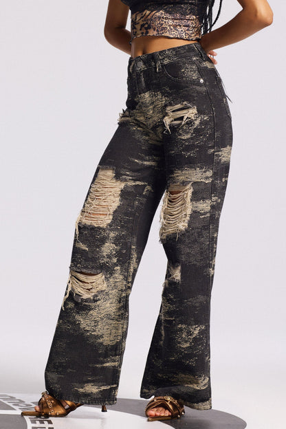 Bistra Tie Dye Yırtık Detaylı Düz Kesim Jean Pantolon