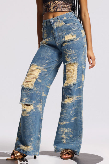 Bistra Batik ve Yırtık Detaylı Düz Paça Jean Pantolon