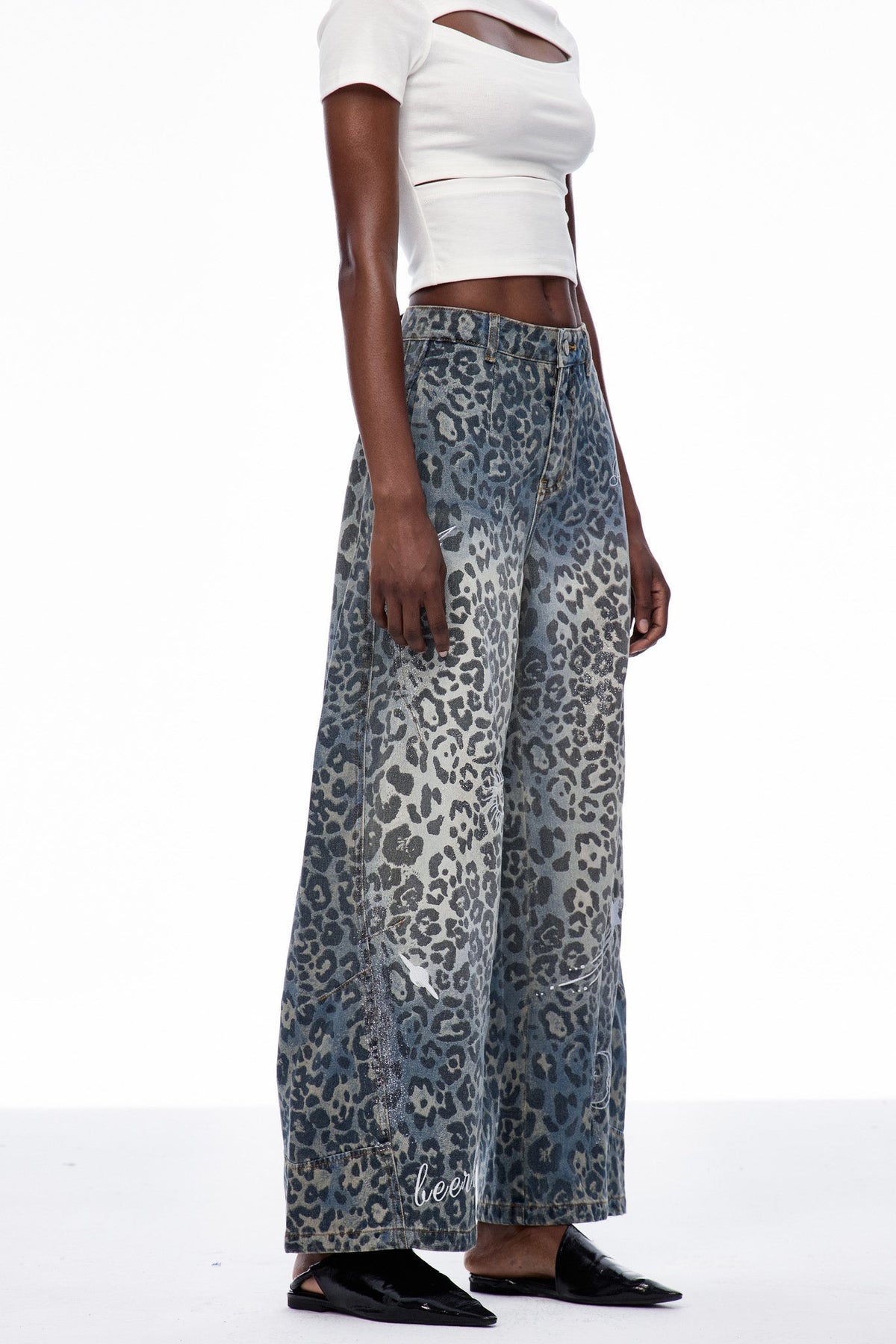 Cansu Leopar Detaylı Baggy Jean Pantolon
