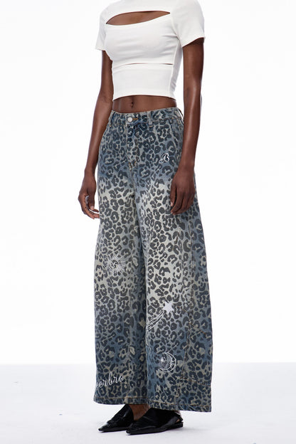 Cansu Leopar Detaylı Baggy Jean Pantolon