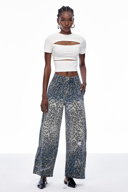 Cansu Leopar Detaylı Baggy Jean Pantolon