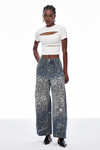 Cansu Leopar Detaylı Baggy Jean Pantolon