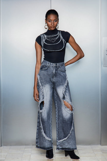 Cas Cutout Püsküllü Jean Pantolon