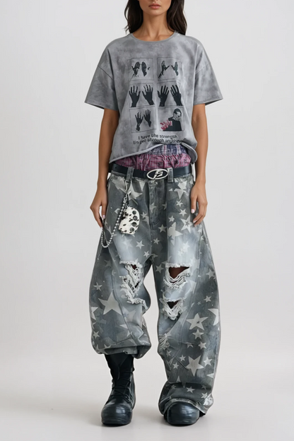 Daffodil Yıldız ve Yırtık Detaylı Baggy Jean Pantolon