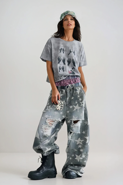 Daffodil Yıldız ve Yırtık Detaylı Baggy Jean Pantolon