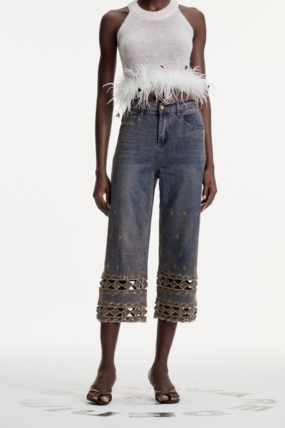 Dalisay Cutout ve Yapay Elmas Detaylı Jean Pantolon