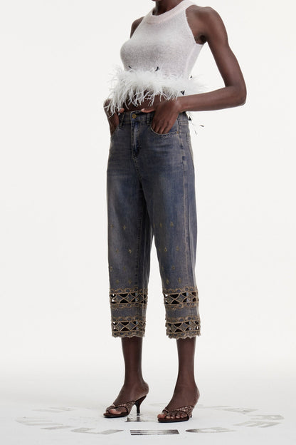 Dalisay Cutout ve Yapay Elmas Detaylı Jean Pantolon