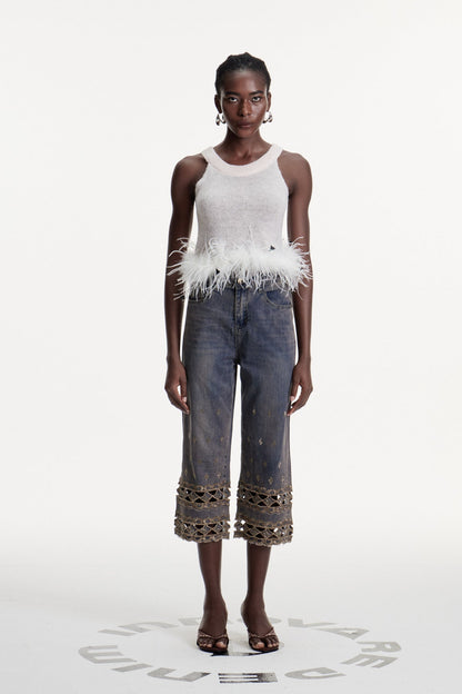 Dalisay Cutout ve Yapay Elmas Detaylı Jean Pantolon