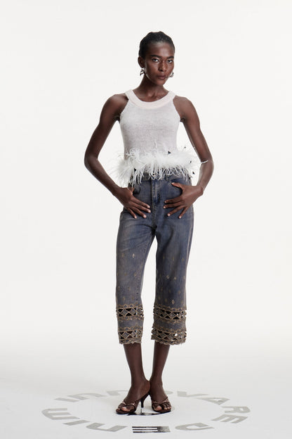 Dalisay Cutout ve Yapay Elmas Detaylı Jean Pantolon