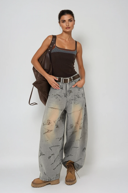 Dat Baskılı Baggy Jean Pantolon