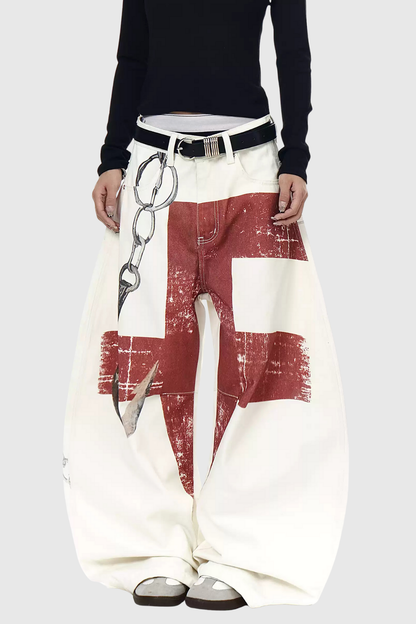 Baskı Detaylı Barrel Jean Pantolon