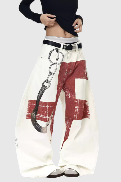 Baskı Detaylı Barrel Jean Pantolon
