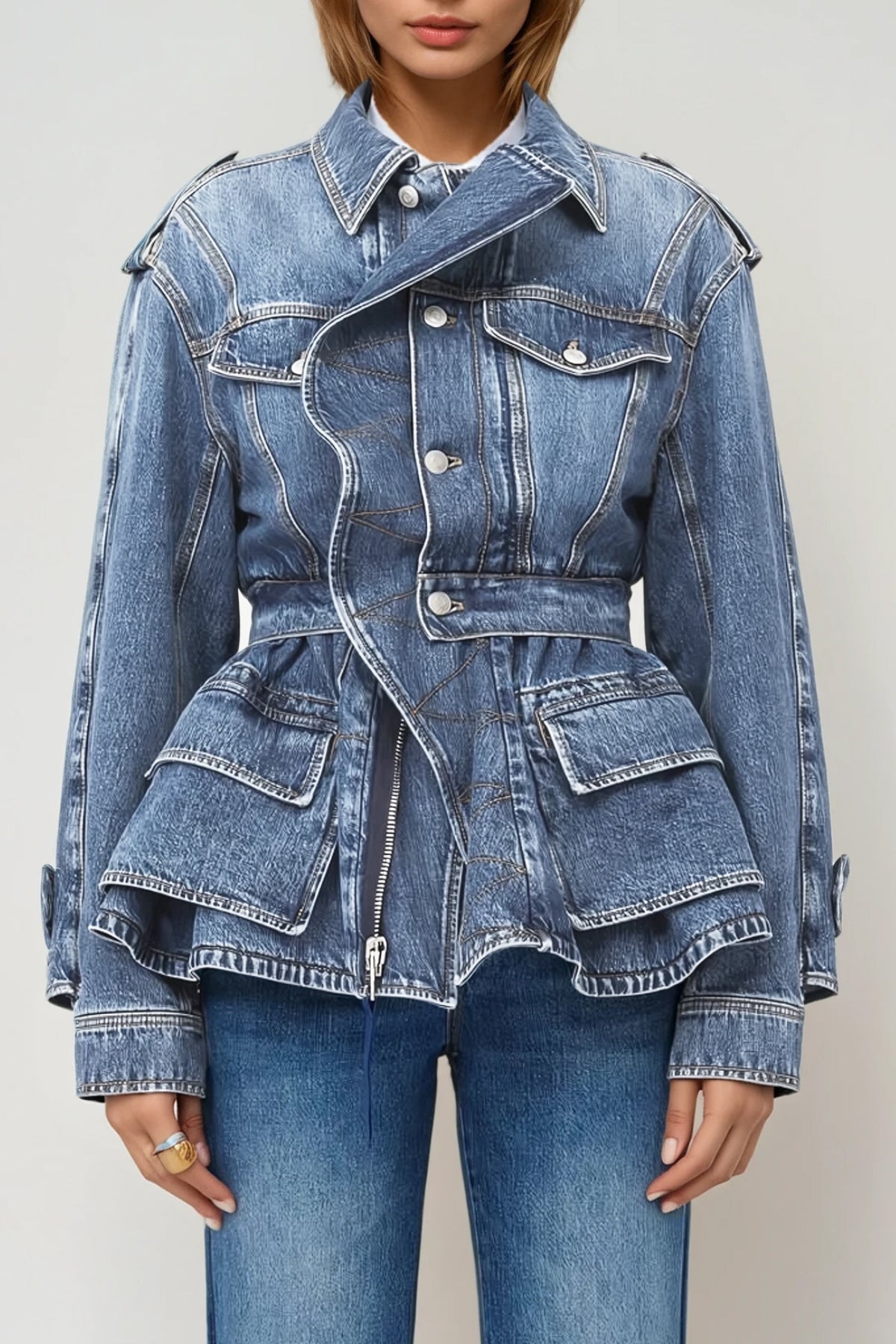 Deniz Asimetrik Fırfırlı Denim Ceket