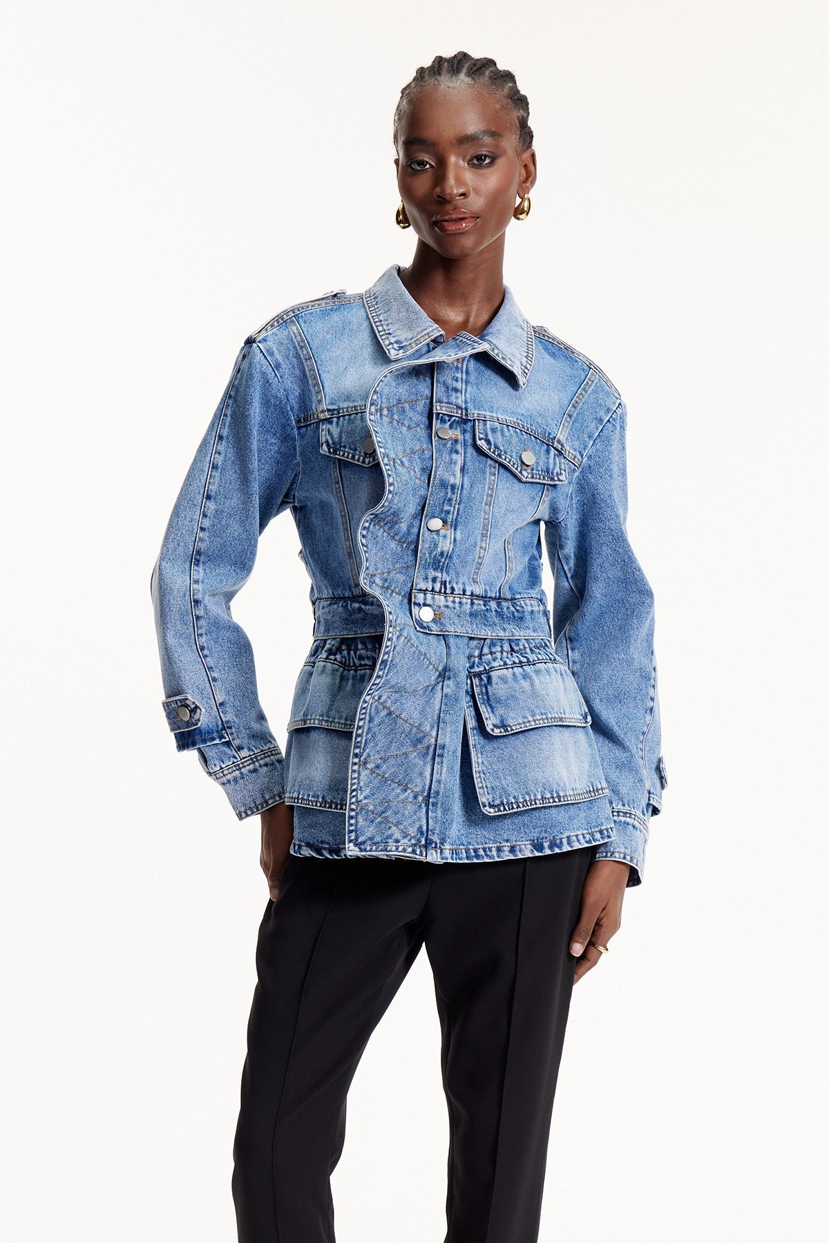Deniz Asimetrik Fırfır Detaylı Denim Ceket