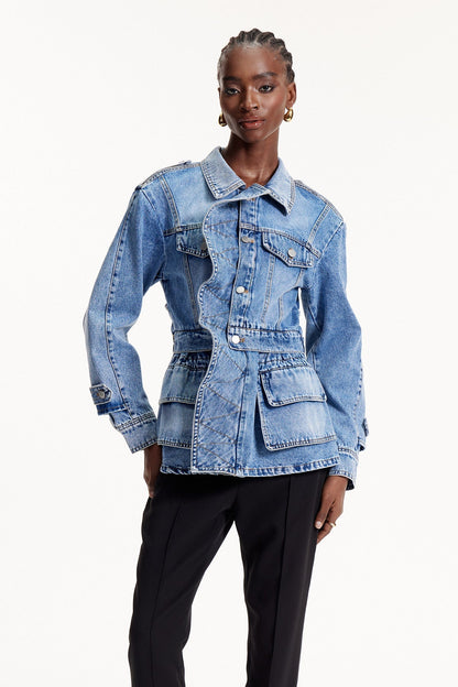 Deniz Asimetrik Fırfır Detaylı Denim Ceket