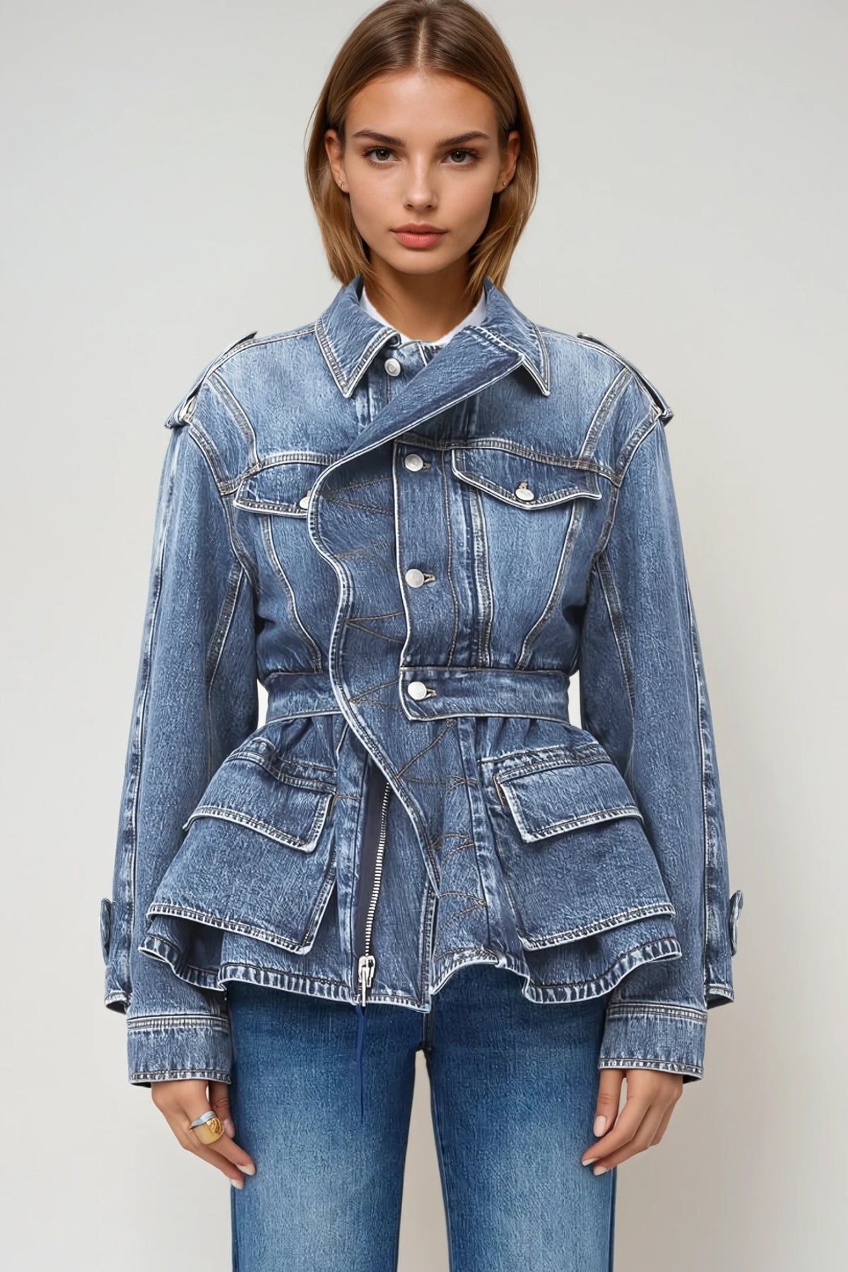 Deniz Asimetrik Fırfırlı Denim Ceket