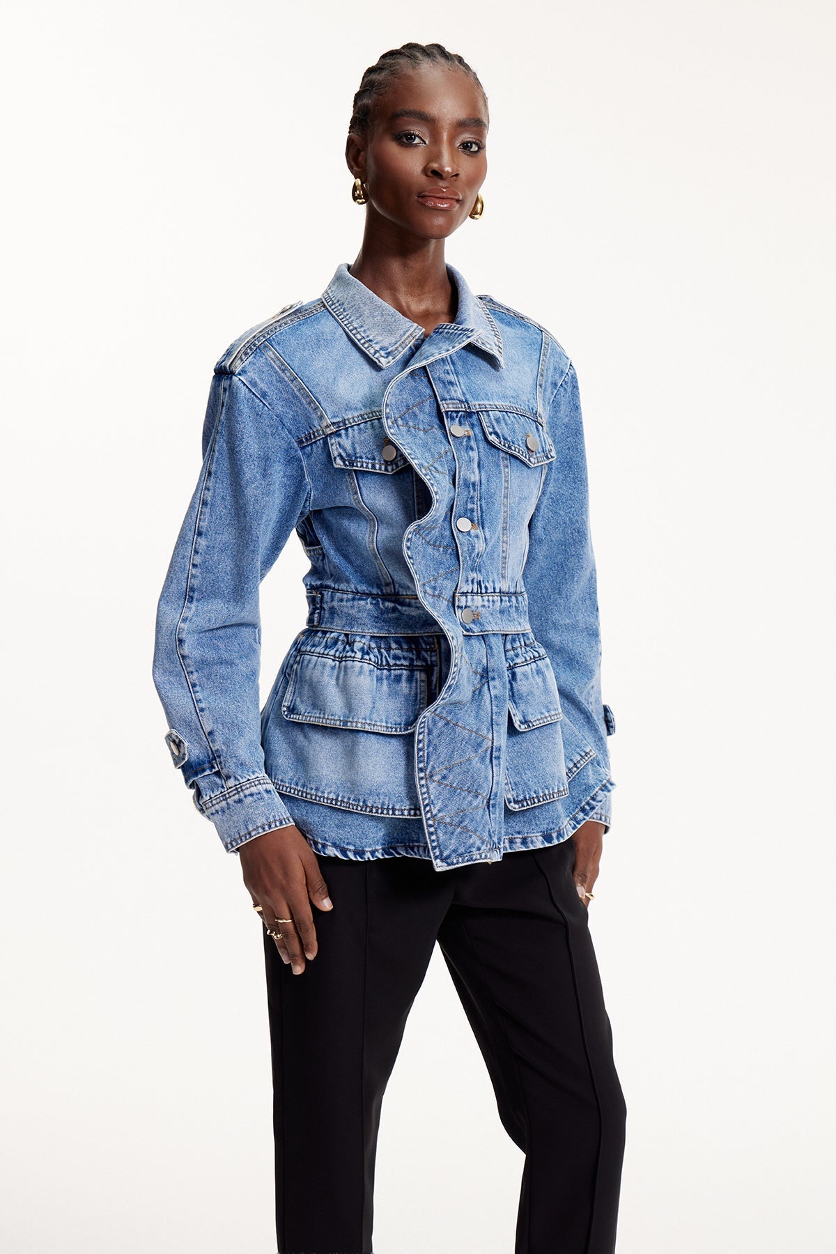 Deniz Asimetrik Fırfır Detaylı Denim Ceket