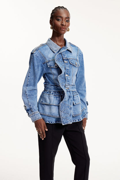 Deniz Asimetrik Fırfır Detaylı Denim Ceket