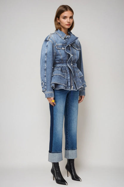 Deniz Asimetrik Fırfırlı Denim Ceket