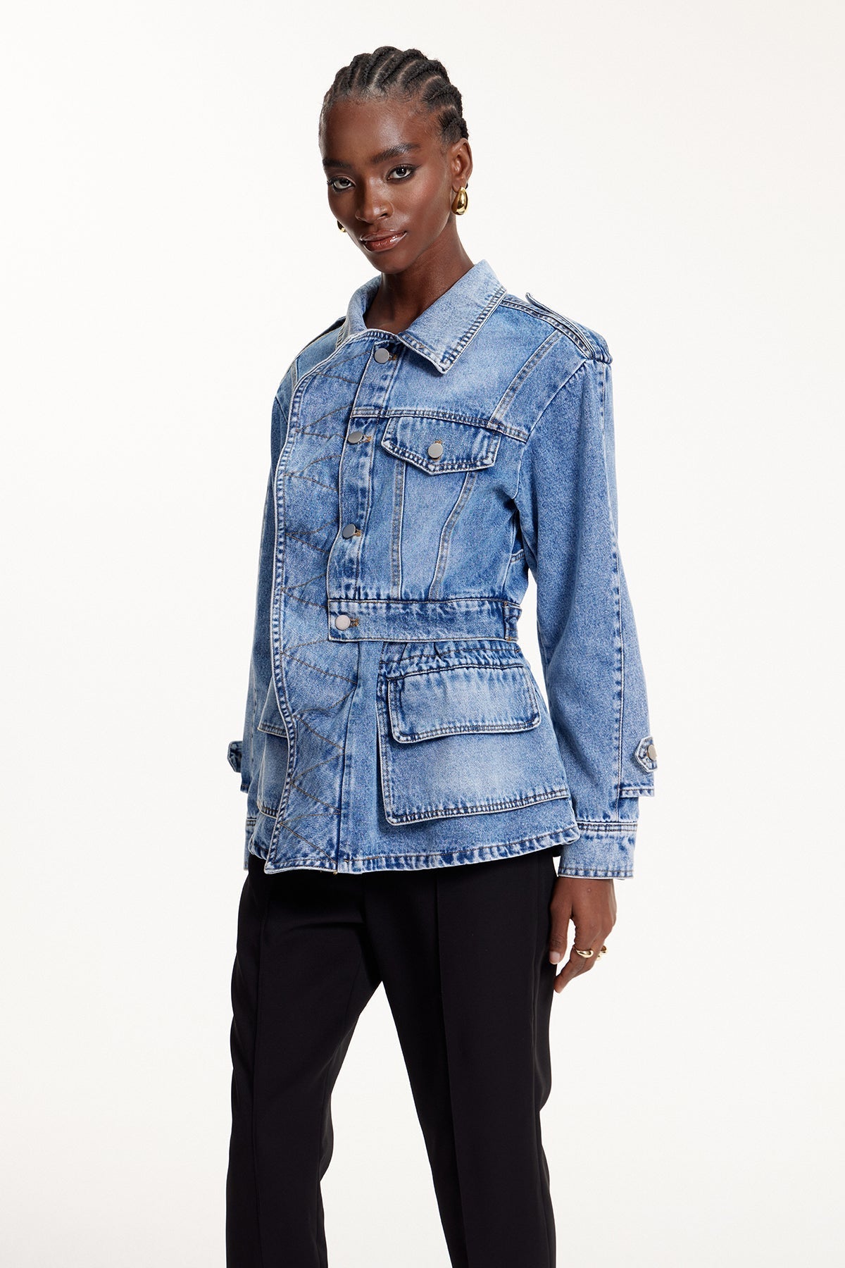 Deniz Asimetrik Fırfır Detaylı Denim Ceket
