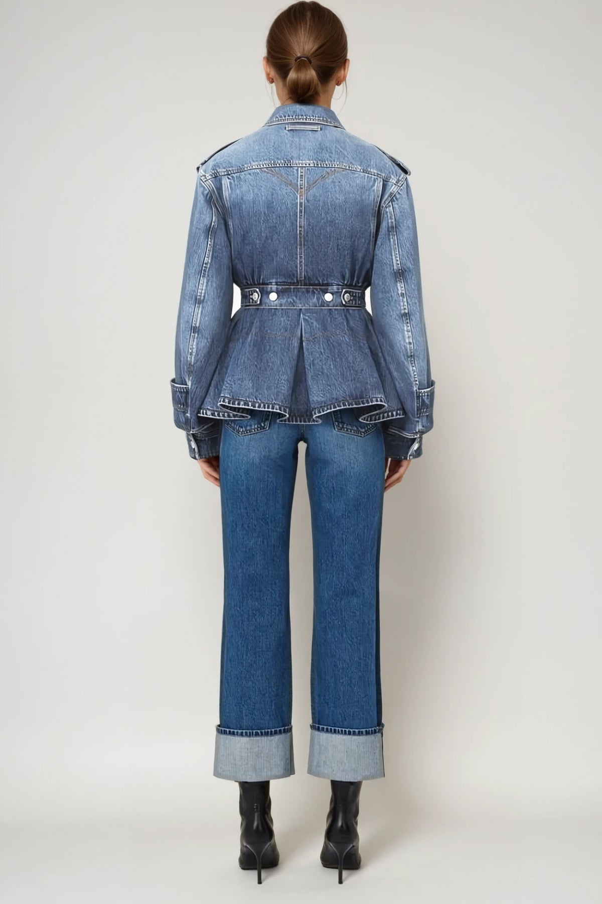 Deniz Asimetrik Fırfırlı Denim Ceket