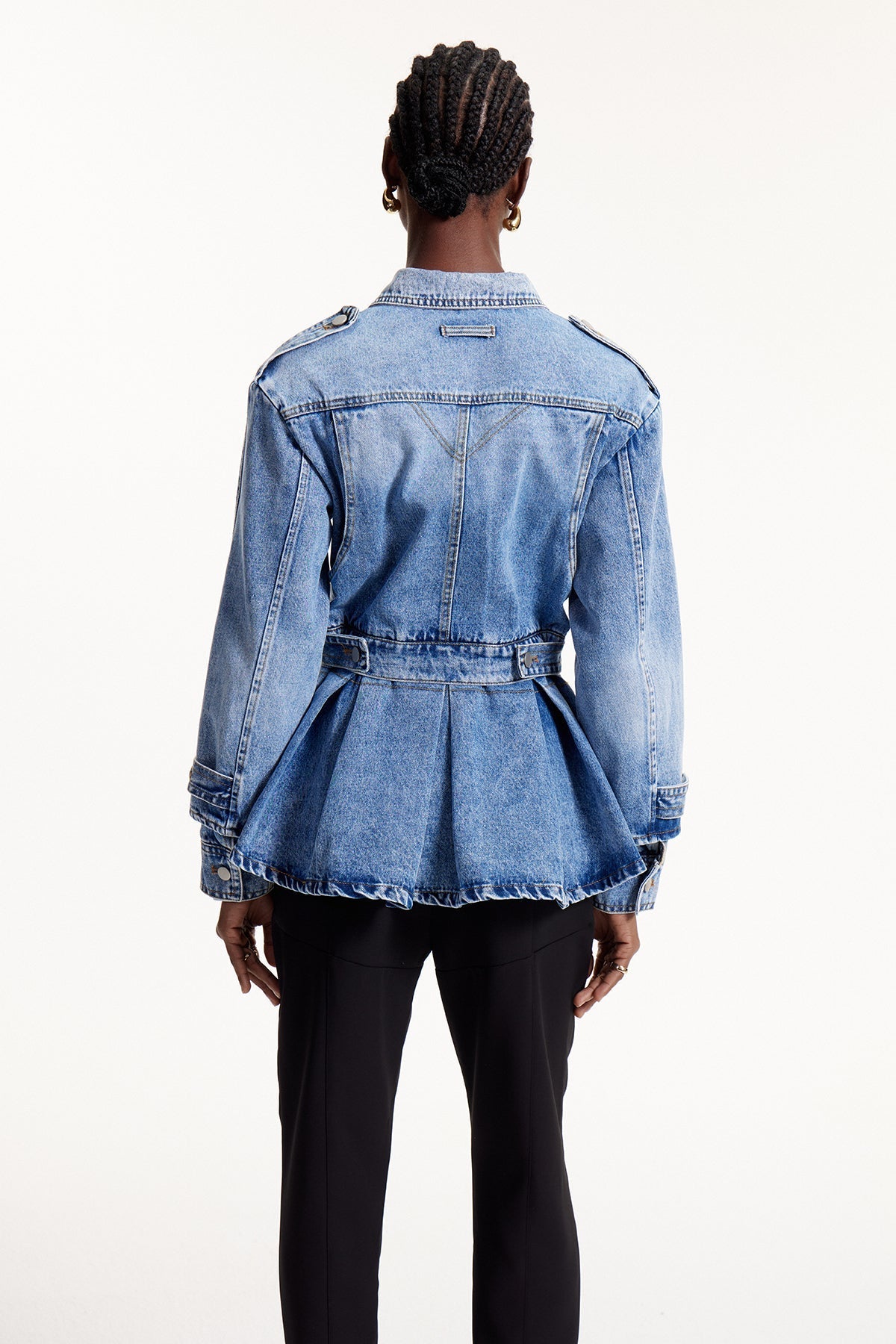 Deniz Asimetrik Fırfır Detaylı Denim Ceket