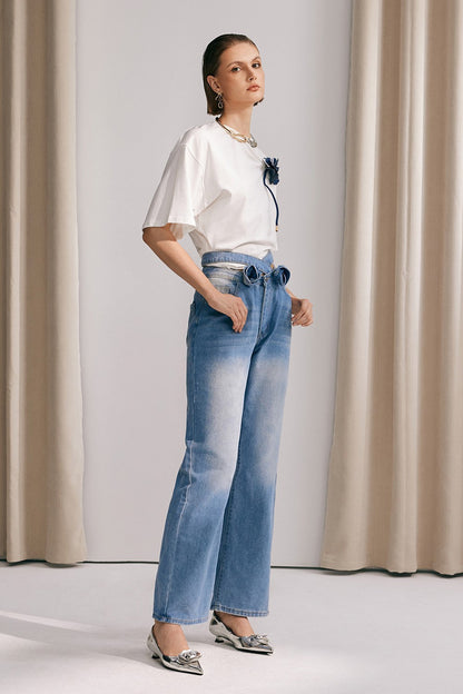 Emmalyn Haç ve Çiçek Detaylı Jean Pantolon