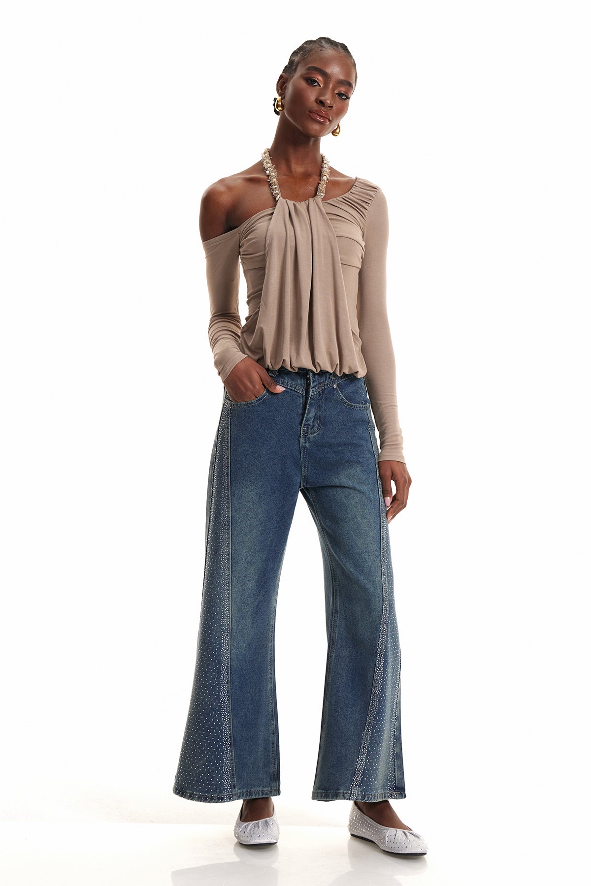 Endika Taş İşlemeli Bootcut Jean Pantolon