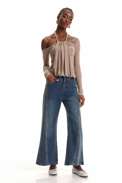 Endika Taş İşlemeli Bootcut Jean Pantolon
