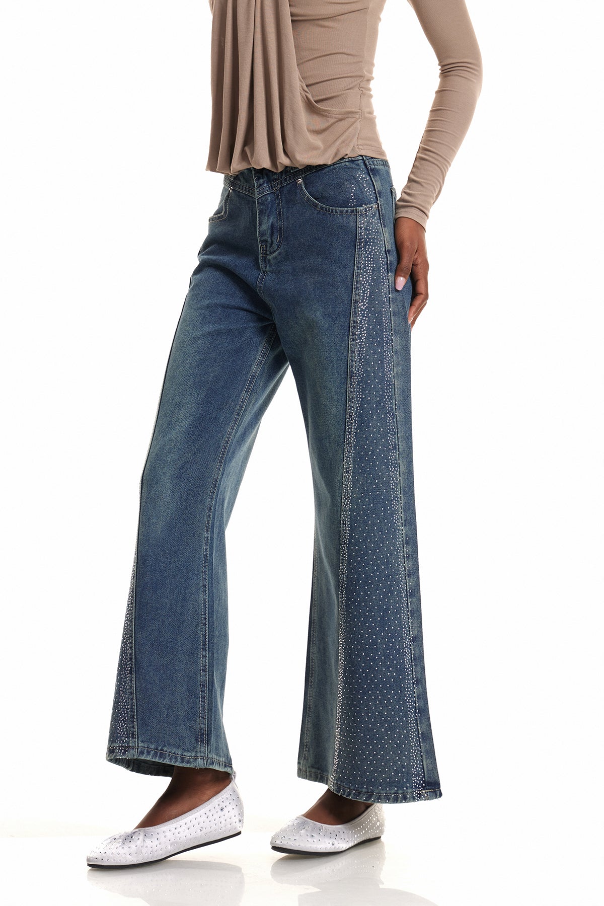 Endika Taş İşlemeli Bootcut Jean Pantolon