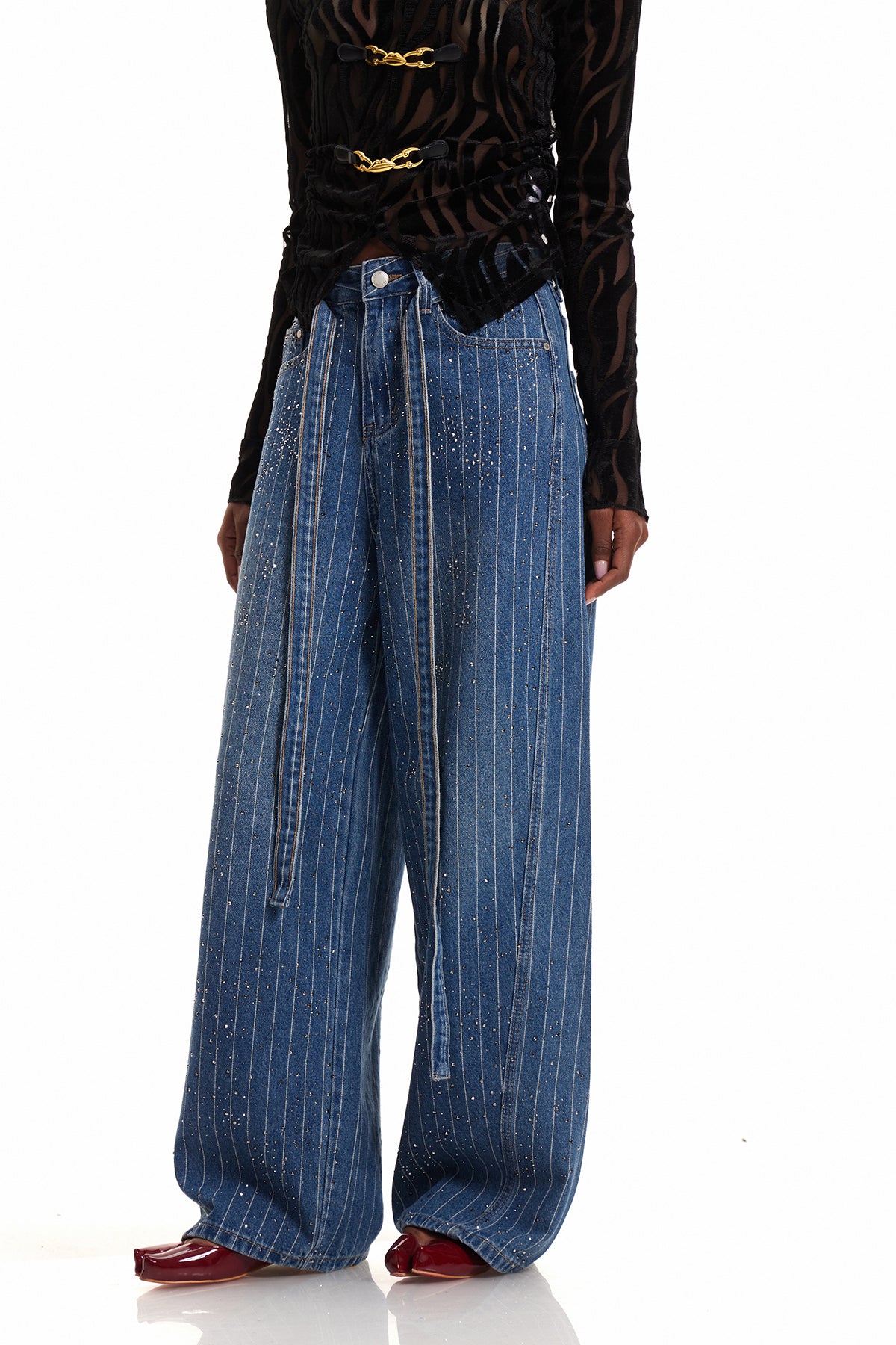 Eniola Çizgili Taşlı Geniş Paça Jean Pantolon