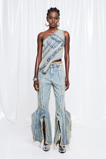 Fridrihs Yırtmaçlı Püskül Detaylı Jean Pantolon
