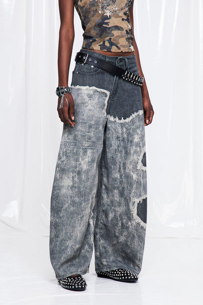 Frida Püskül Baskılı Barrel Jean Pantolon