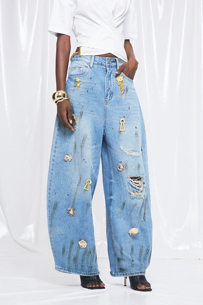 Frigyes Süslemeli Yırtık Baggy Jean Pantolon