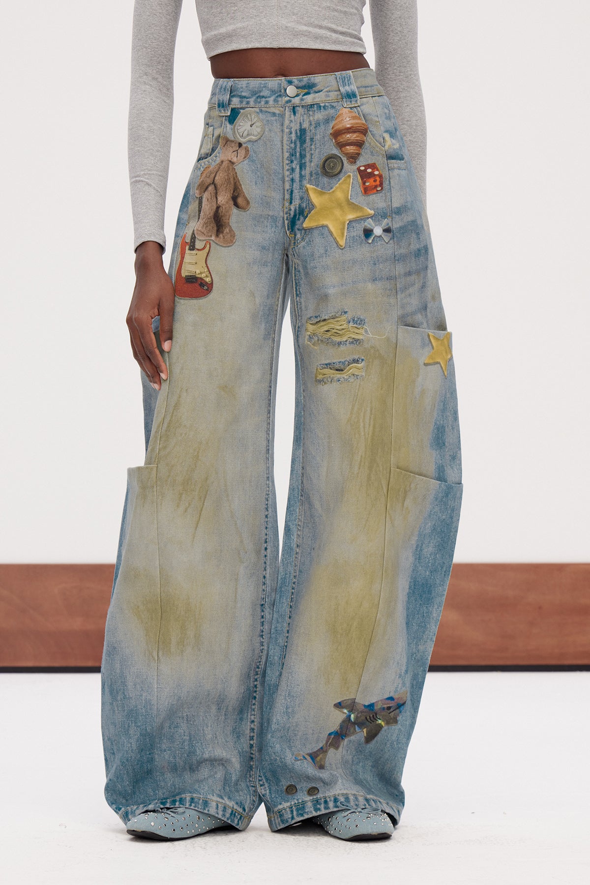 Galenos Ağartma Desenli Baggy Jean