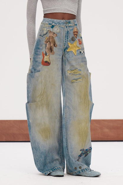 Galenos Ağartma Desenli Baggy Jean
